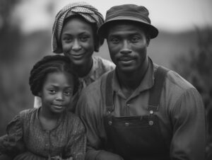 Black-and-white portrait of an African American family consisting of a young girl, a woman, and a man dressed in period clothing. They are outdoors, looking directly at the camera, conveying unity and strength.