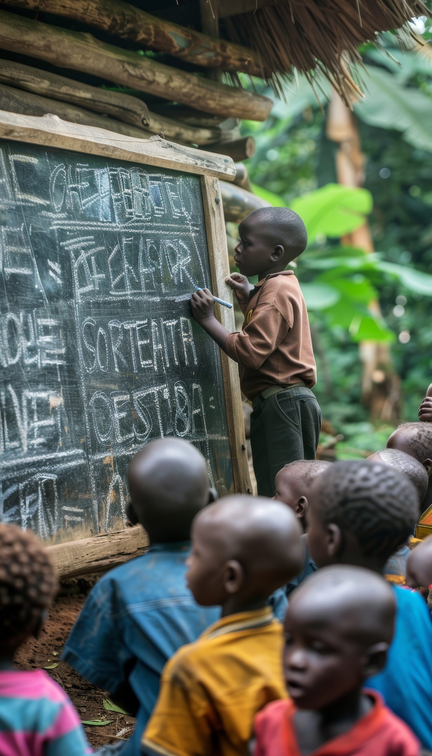 Niño escribiendo en una pizarra portátil mientras otros niños observan en una clase rural al aire libre