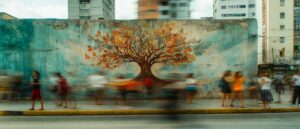 Mural de un árbol colorido pintado en una pared desgastada con personas caminando alrededor.