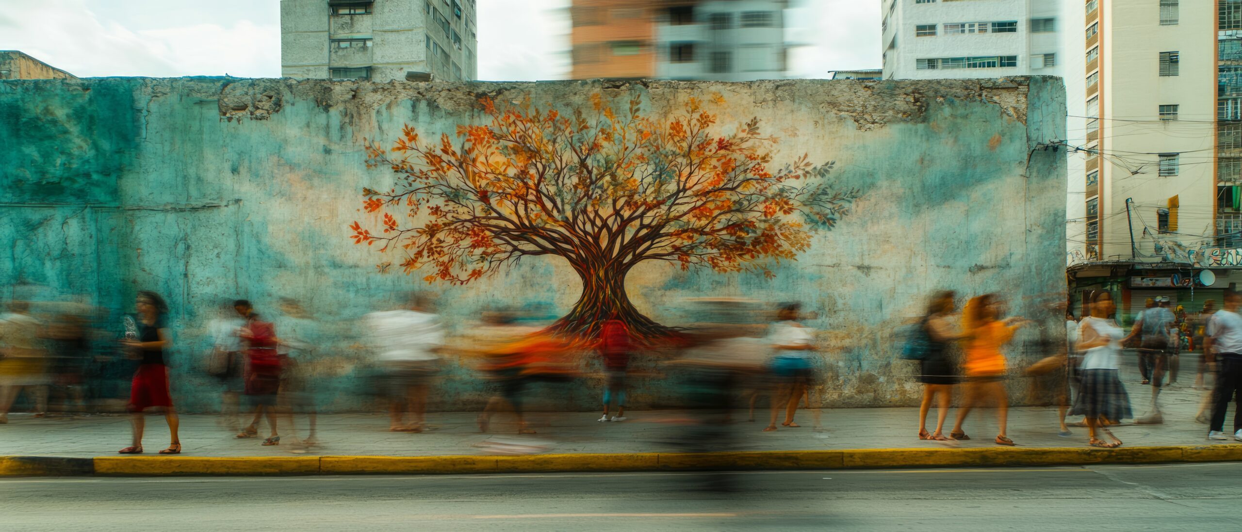 Mural de un árbol colorido pintado en una pared desgastada con personas caminando alrededor.