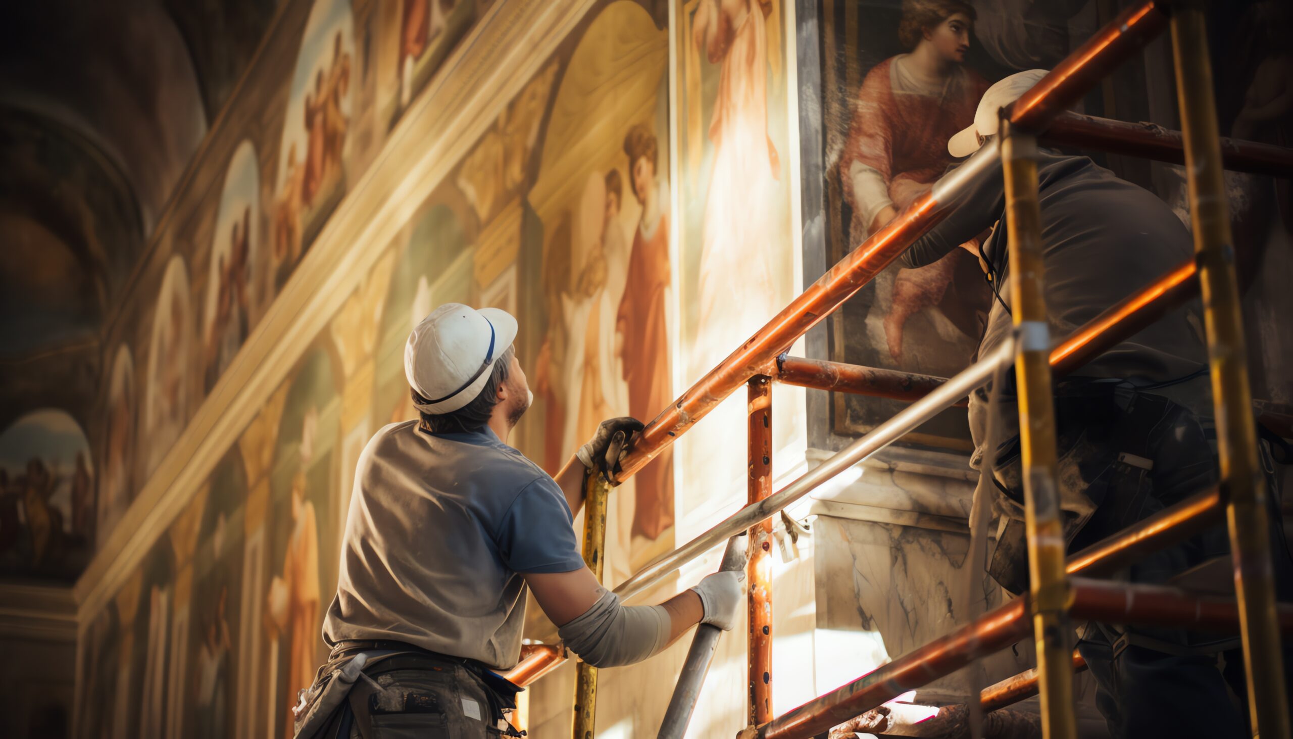 Restauradores en andamios reparando frescos de una iglesia antigua.