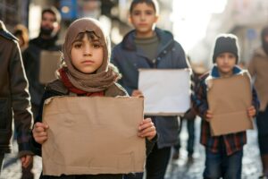 Niños sosteniendo carteles de cartón durante una manifestación en la calle.