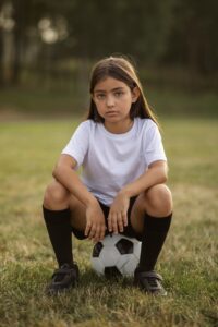 Niña con camiseta blanca y medias negras, sentada sobre un balón de fútbol en un campo de pasto al aire libre.