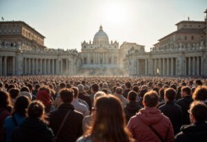 Gran multitud de personas congregadas frente a la Basílica de San Pedro en el Vaticano durante un evento al aire libre, con el sol iluminando la escena.